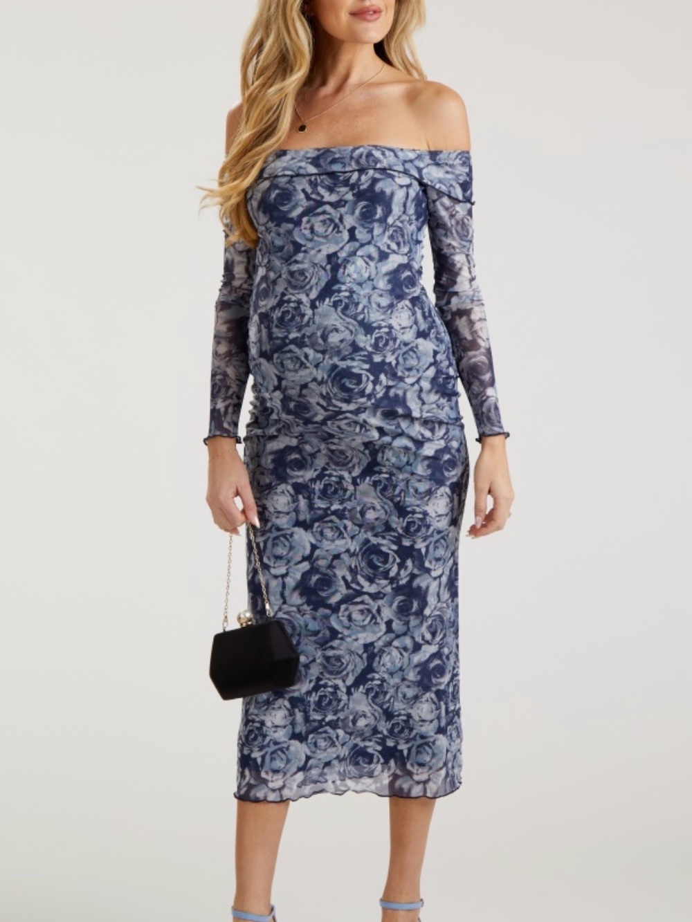 NBW Off-Shoulder Maternity Blue Floral Midi Dress